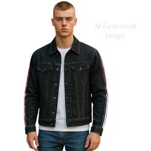 Kilogram Mens Black Red White Blue Stripe Long Sleeve Denim Jacket Size Medium